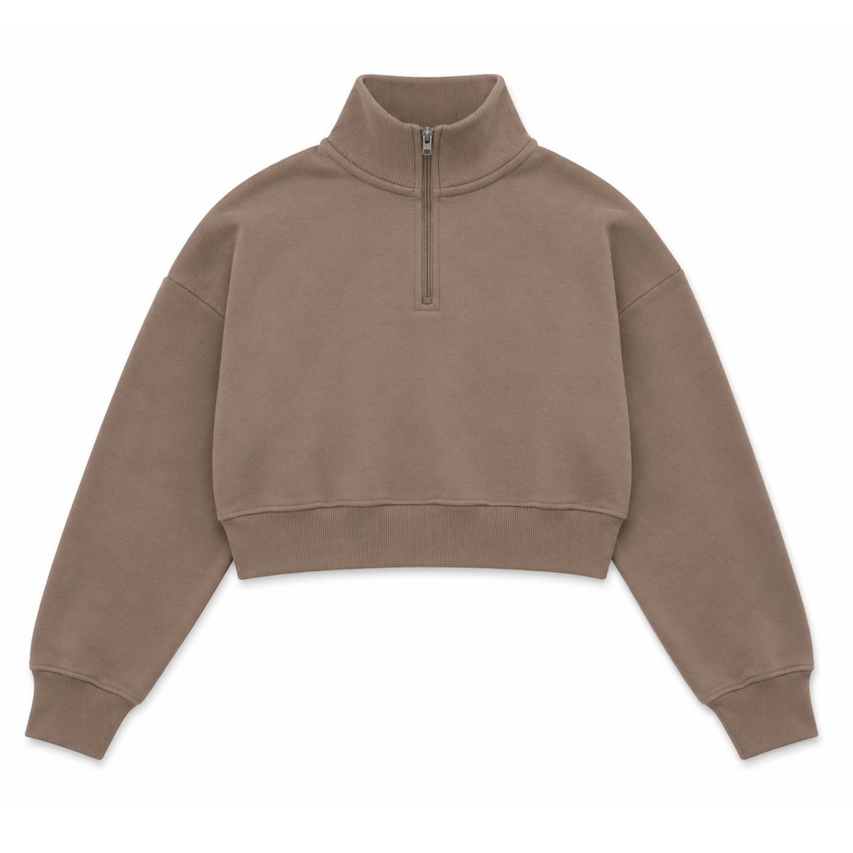 Taupe cropped half zip fleece sweatshirt