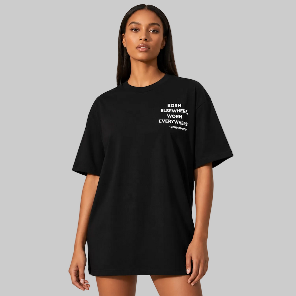 Women's Born Elsewhere Worn Everywhere oversized black tee front on model