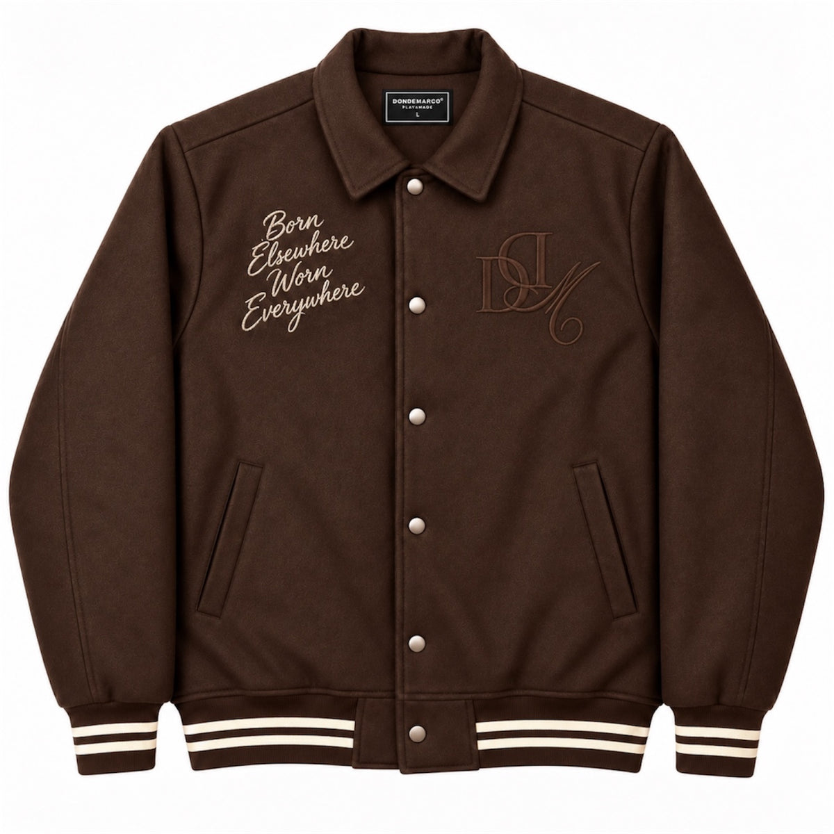 Front flat product view of DonDeMarco chocolate brown varsity wool jacket