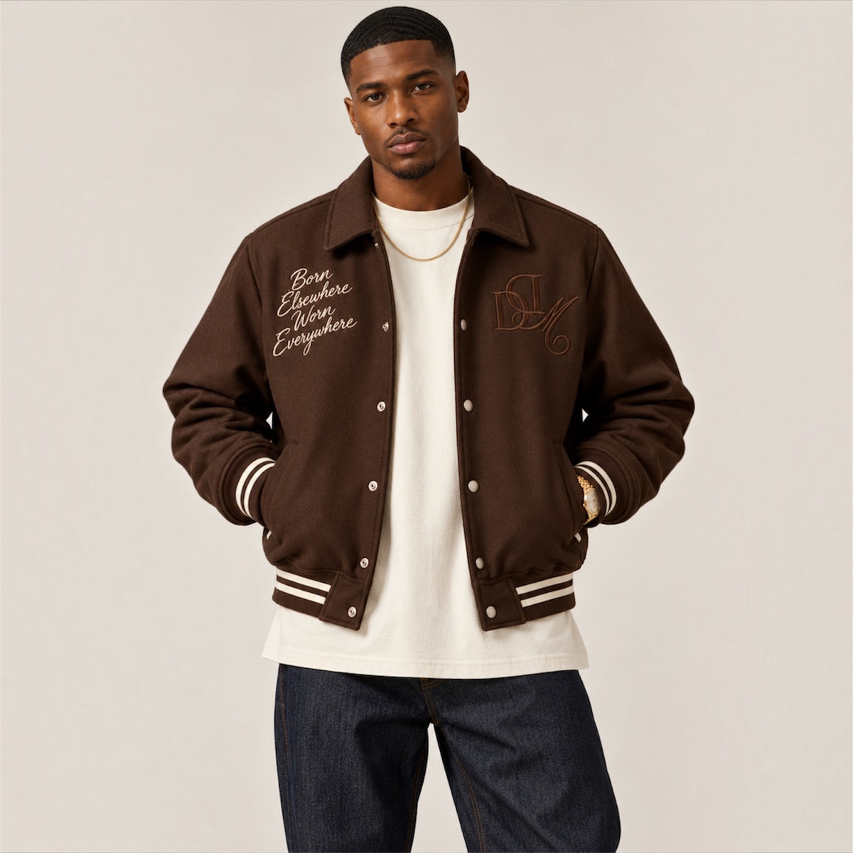 Front model view of DonDeMarco chocolate brown varsity wool jacket