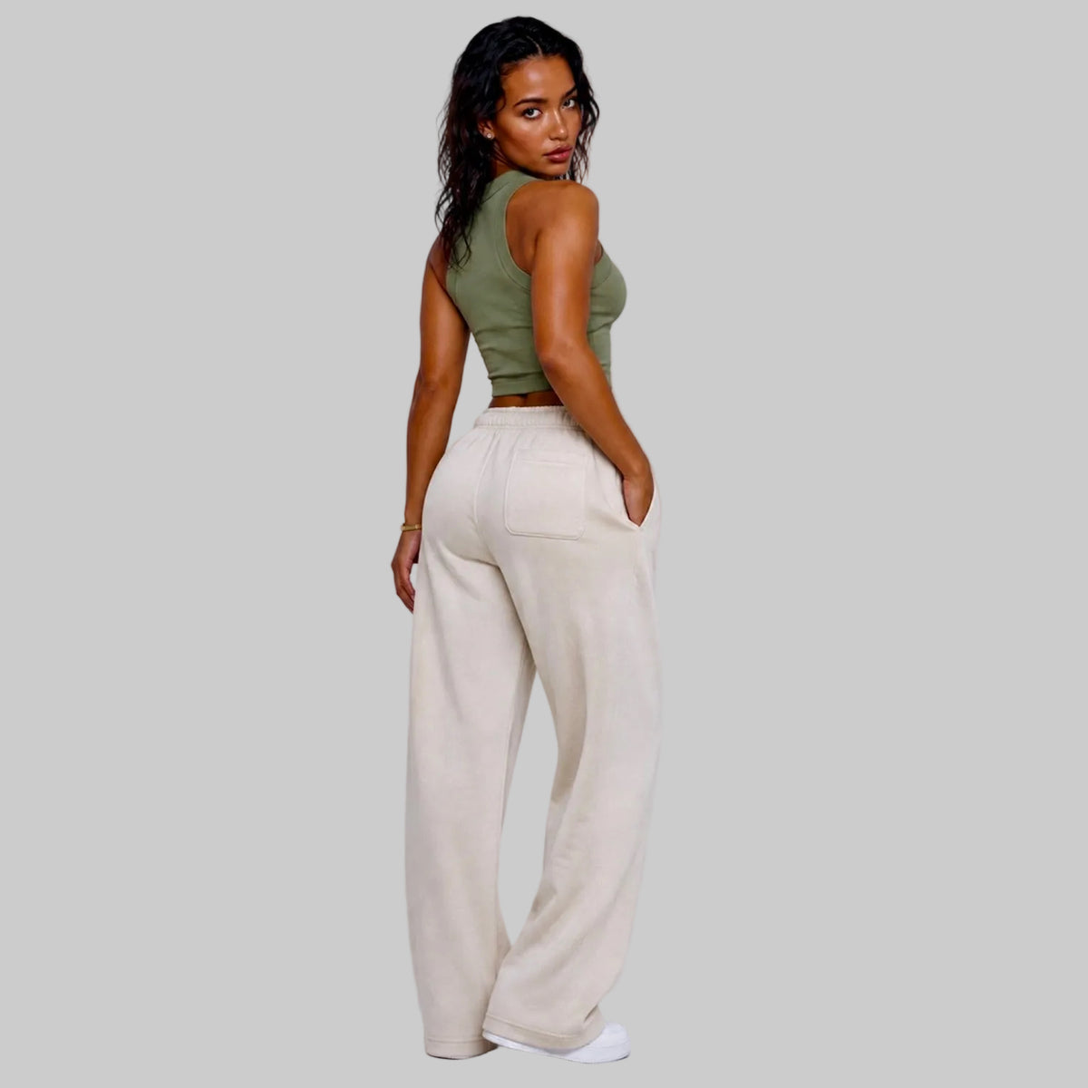 DonDeMarco Women's Relax Faded Cuffless Sweatpants in faded bone, rear three-quarter model view