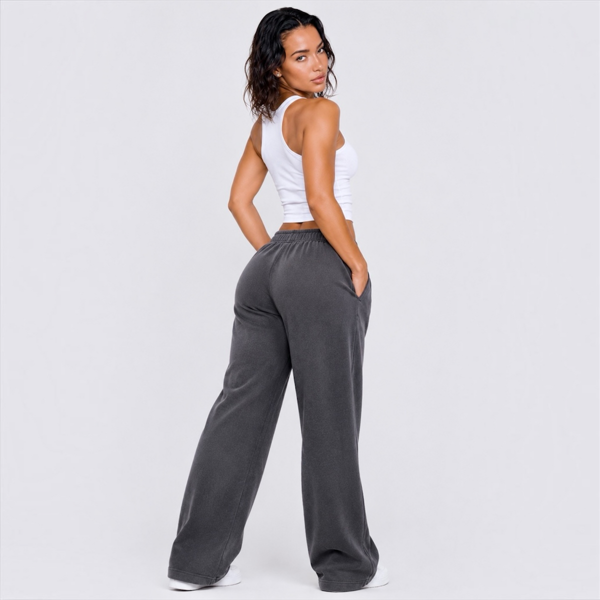 DonDeMarco Women's Relax Faded Cuffless Sweatpants in faded grey, editorial model view 3