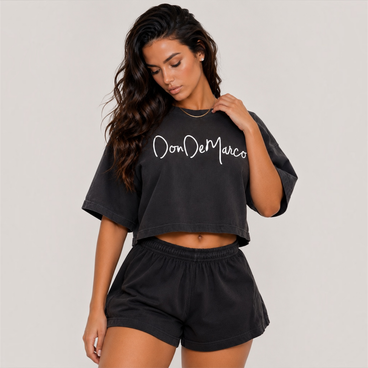DonDeMarco women’s garment dye cropped tee and shorts set, washed black detail model view
