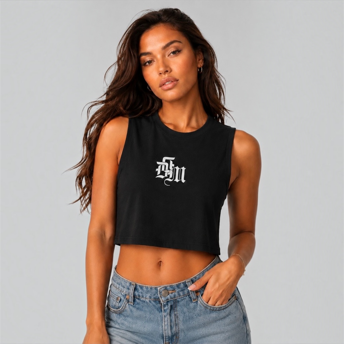 DonDeMarco women's Heritage Monogram Crop Tank, black front view