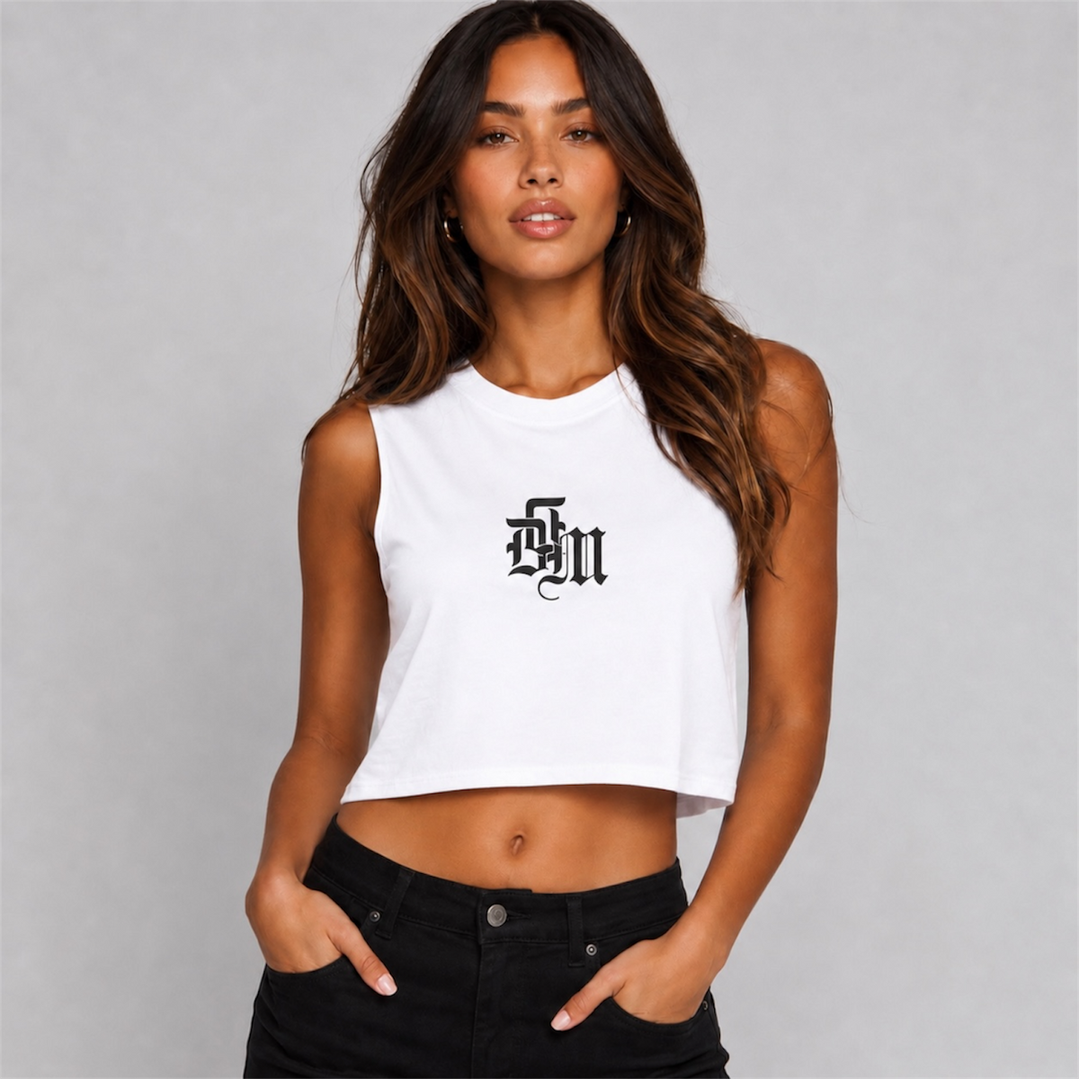 DonDeMarco women's Heritage Monogram Crop Tank, white front view