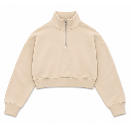 Cream cropped half zip fleece sweatshirt