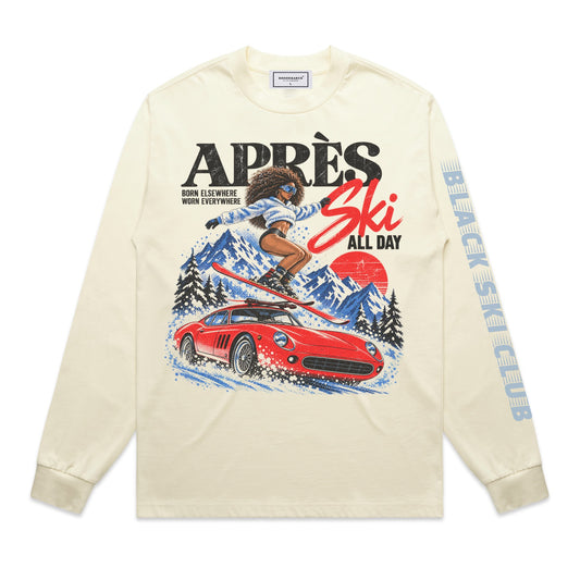 DonDeMarco Black Ski Club Après Ski All Day heavyweight long sleeve graphic T-shirt in Butter
