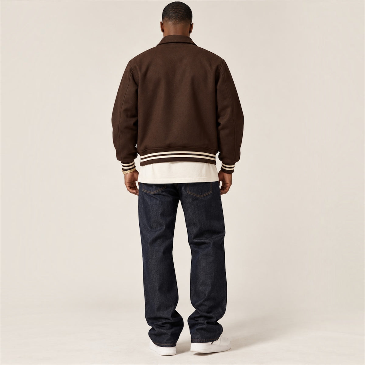 Back model view of DonDeMarco chocolate brown varsity wool jacket