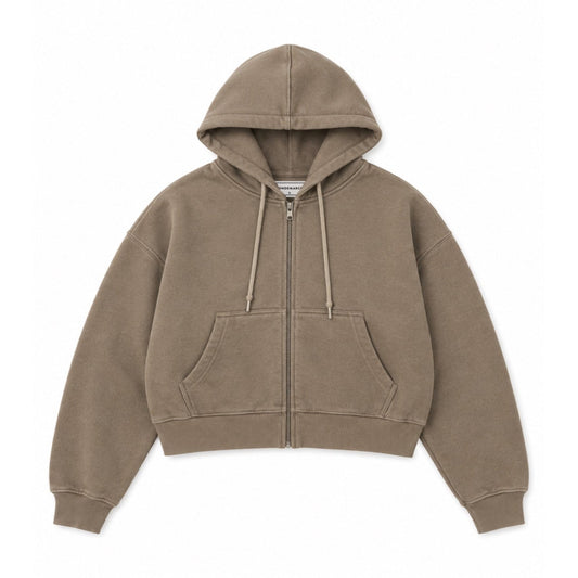 DonDeMarco Cropped Fleece Zip Up Hoodie in Taupe
