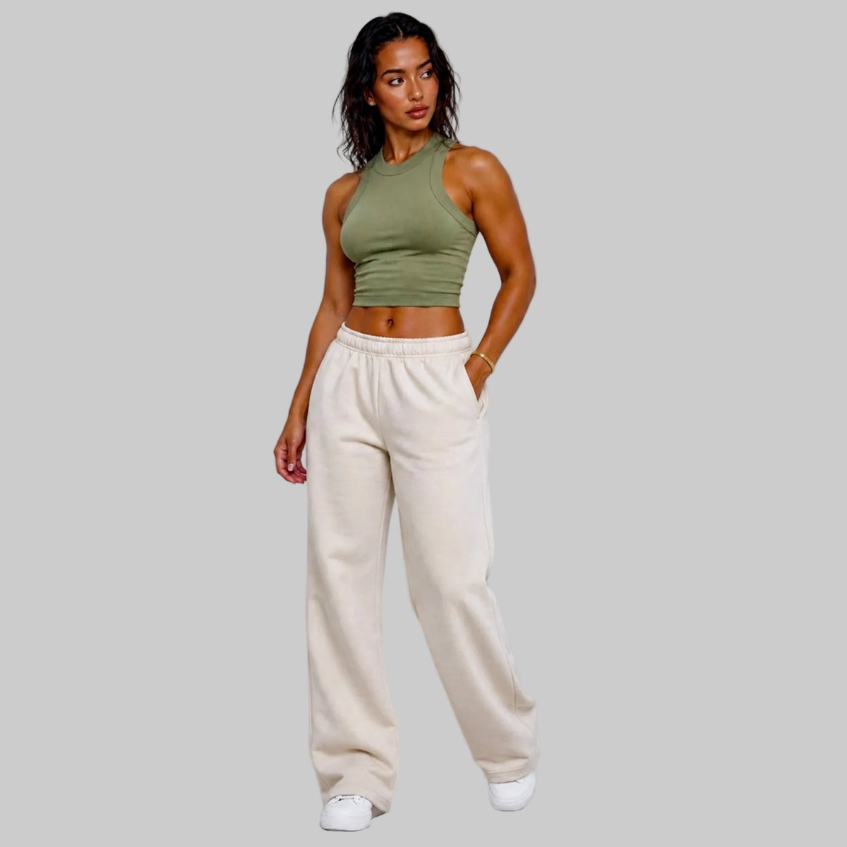 DonDeMarco Women's Relax Faded Cuffless Sweatpants in faded bone, front full-body model view