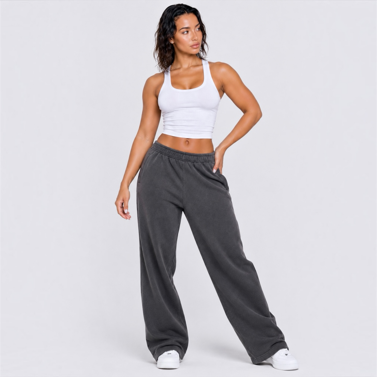 DonDeMarco Women's Relax Faded Cuffless Sweatpants in faded grey, editorial model view 2