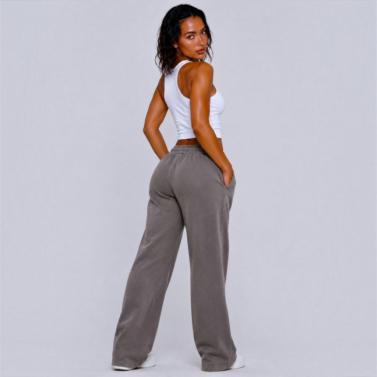 DonDeMarco Women's Relax Faded Cuffless Sweatpants in faded grey, editorial model view 5