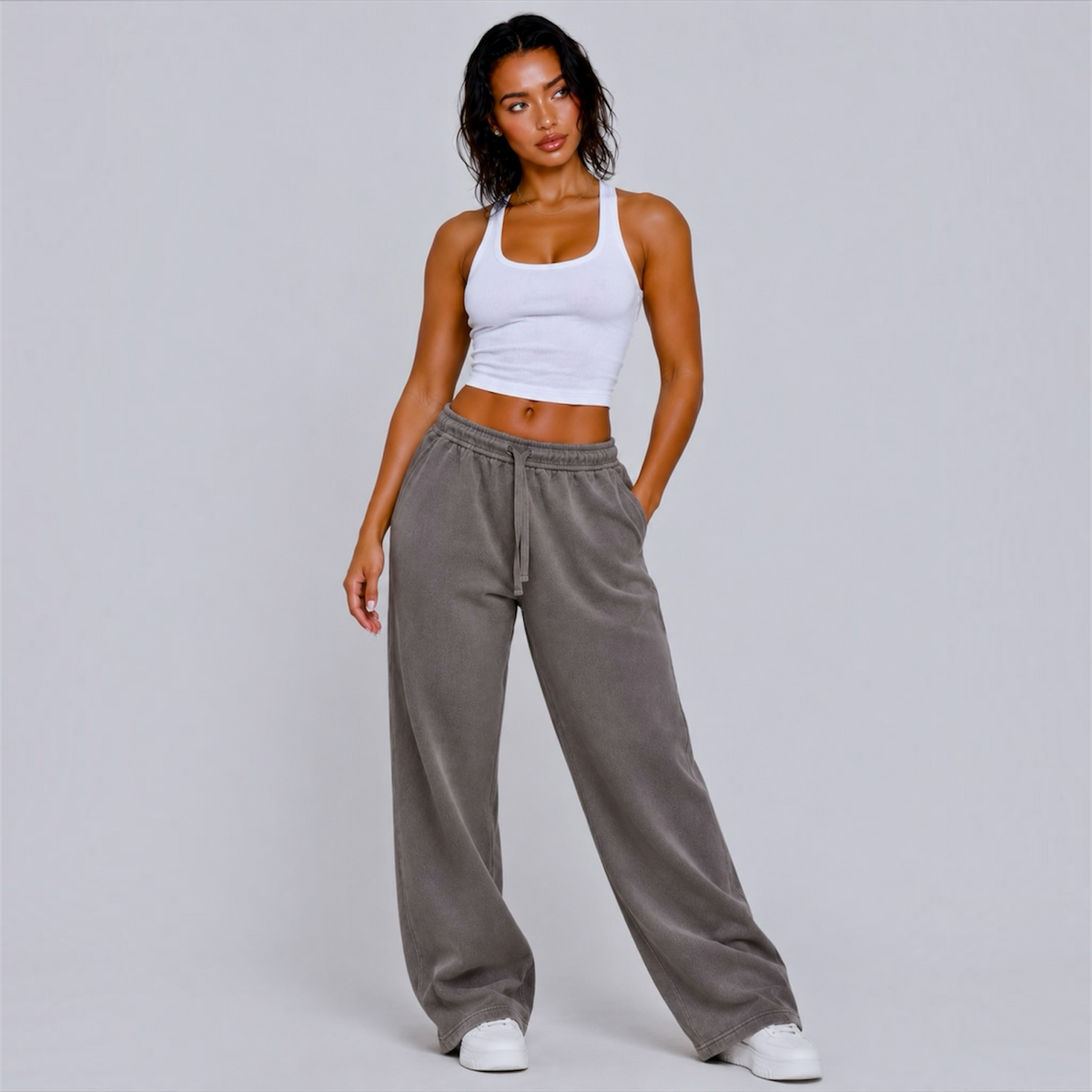 DonDeMarco Women's Relax Faded Cuffless Sweatpants in faded grey, editorial model view 6