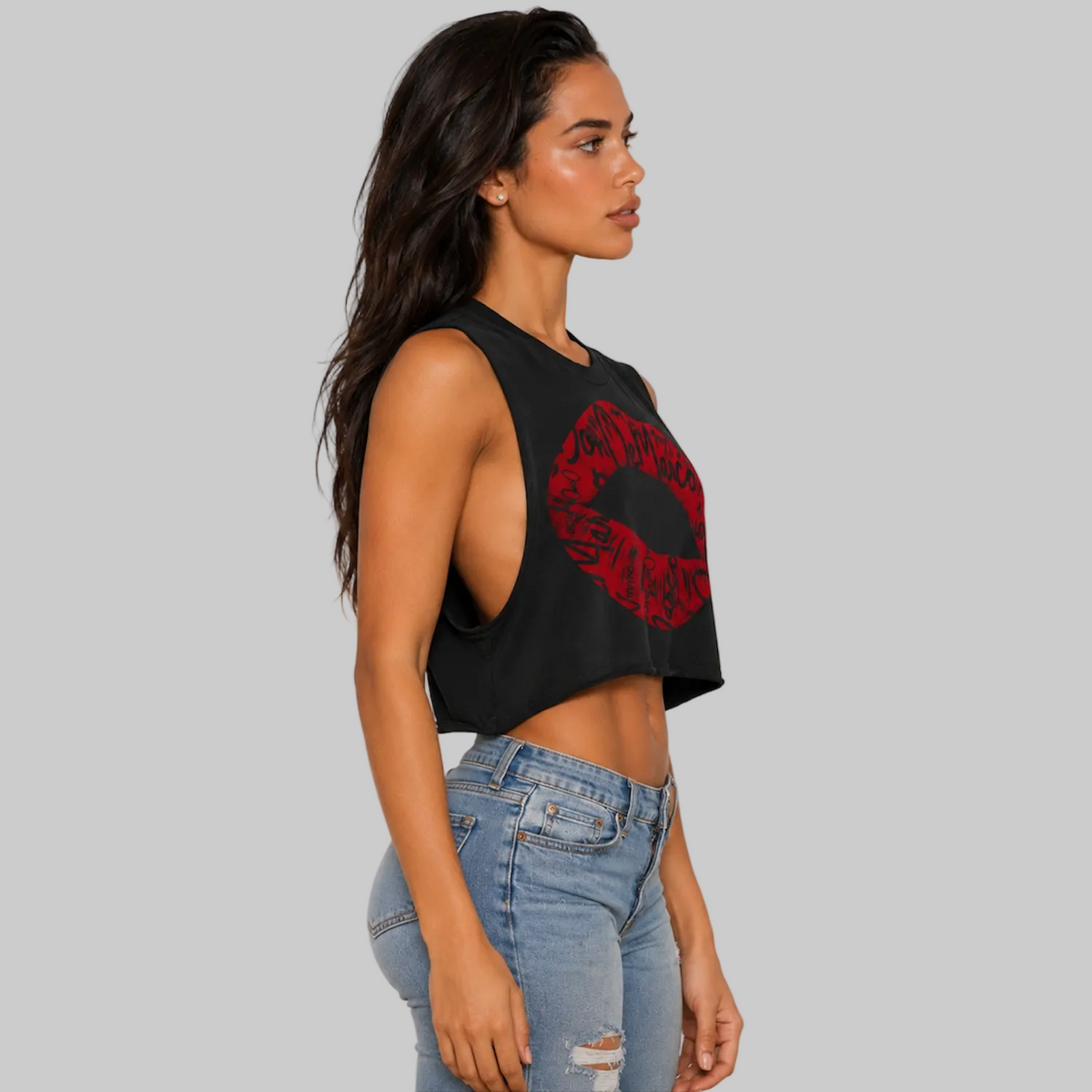 DonDeMarco red lips graphic cropped muscle tank side profile