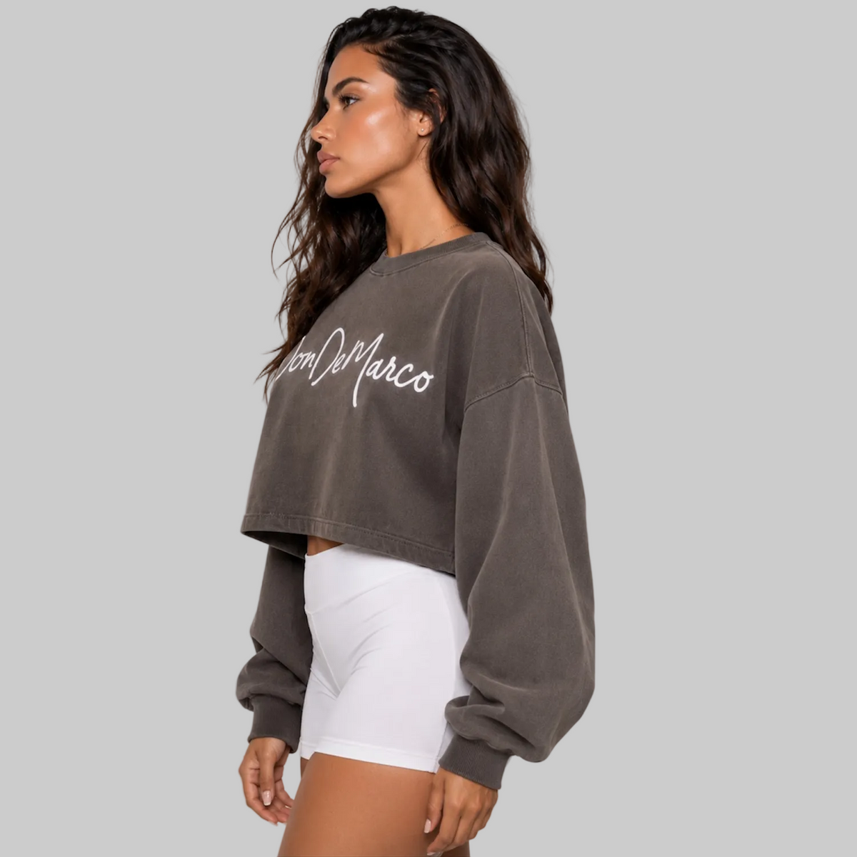 DonDeMarco faded grey heavyweight oversized cropped long sleeve tee editorial image 4