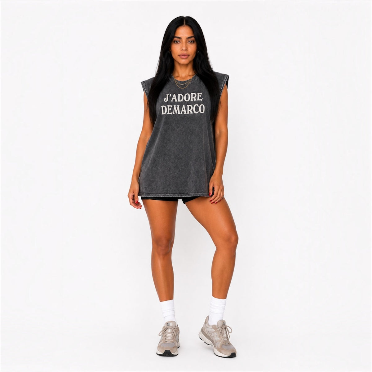 Front view of DonDeMarco J'Adore DeMarco acid wash muscle tee
