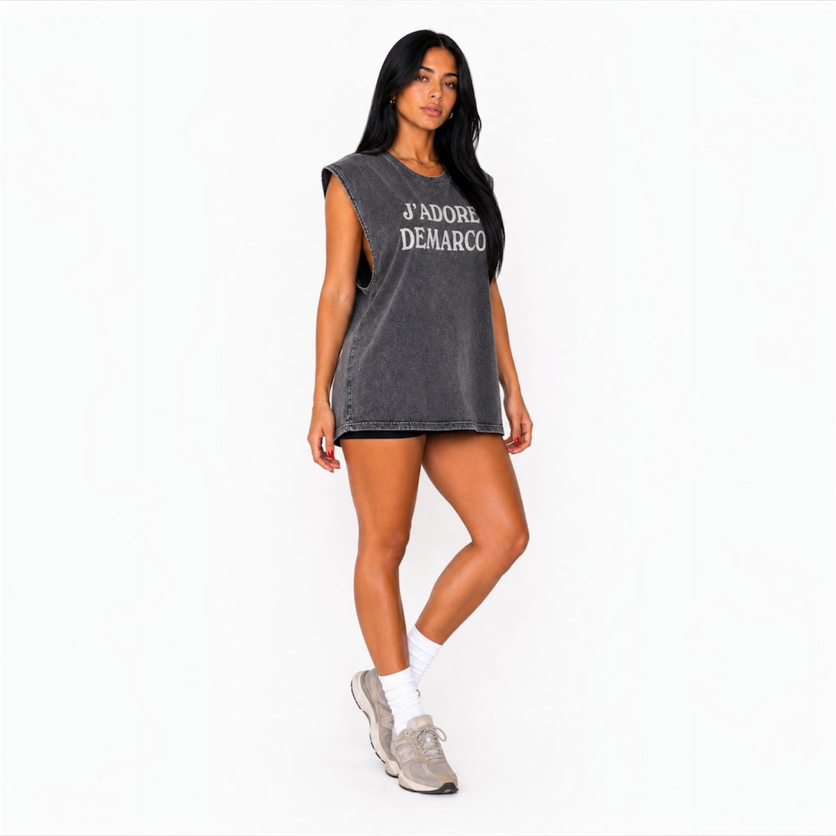Three-quarter view of DonDeMarco J'Adore DeMarco acid wash muscle tee