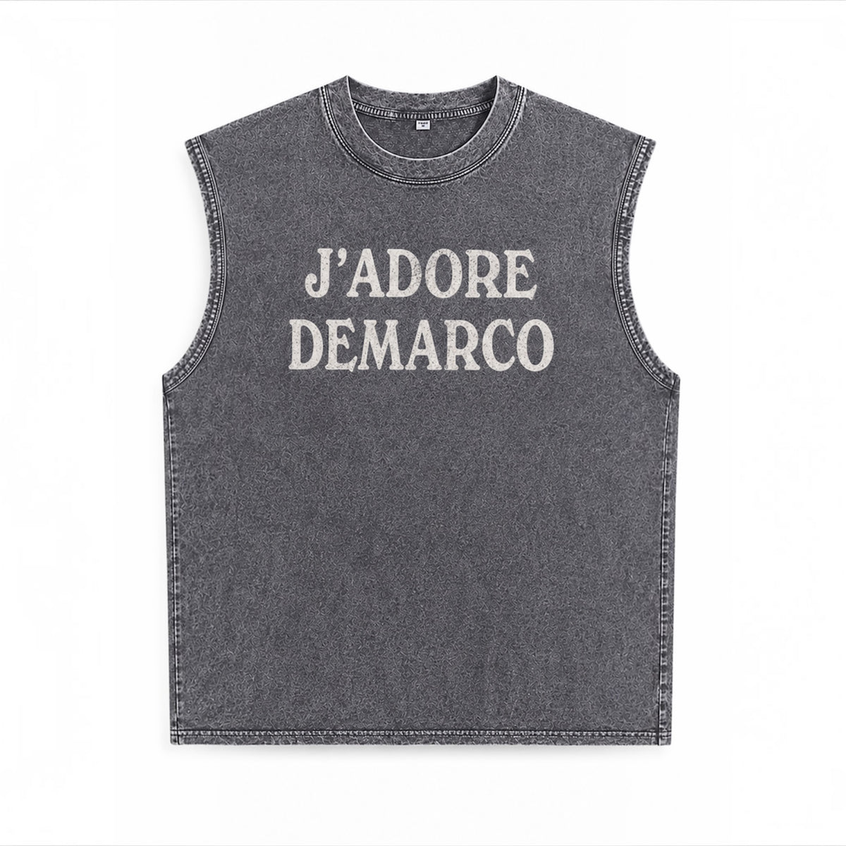 Flat lay of DonDeMarco J'Adore DeMarco acid wash muscle tee