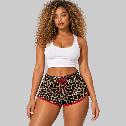 DonDeMarco women's terry cloth leopard print shorts front view with red drawstring and contrast trim