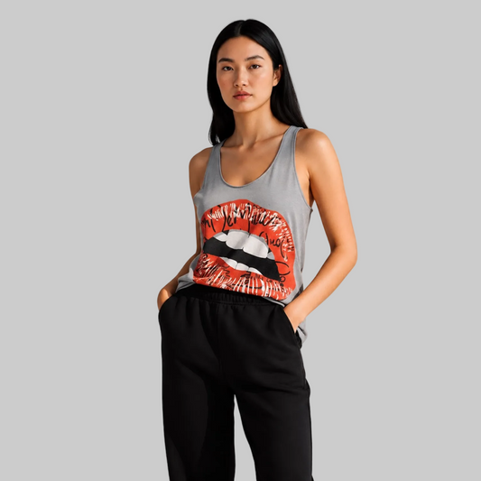 DonDeMarco Monogram Lips Racerback Tank, grey model view
