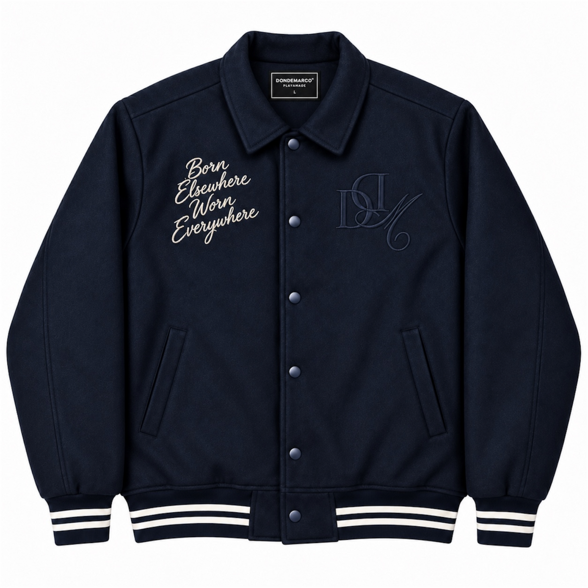 DonDeMarco navy varsity wool jacket front product view