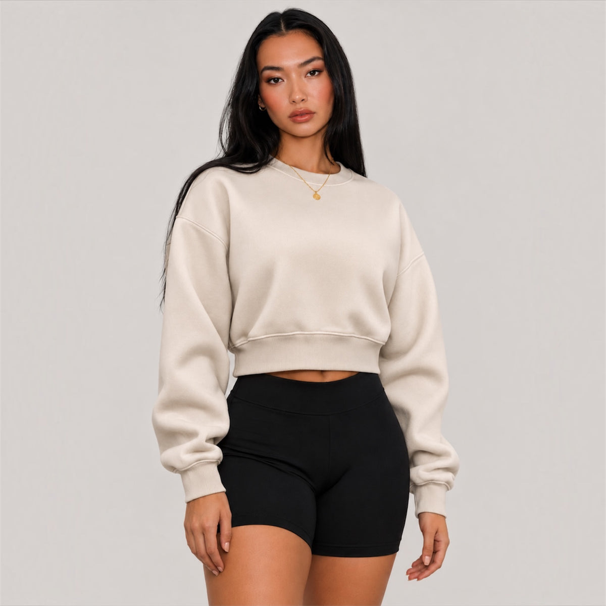 DonDeMarco ivory crop crew sweatshirt editorial view 1