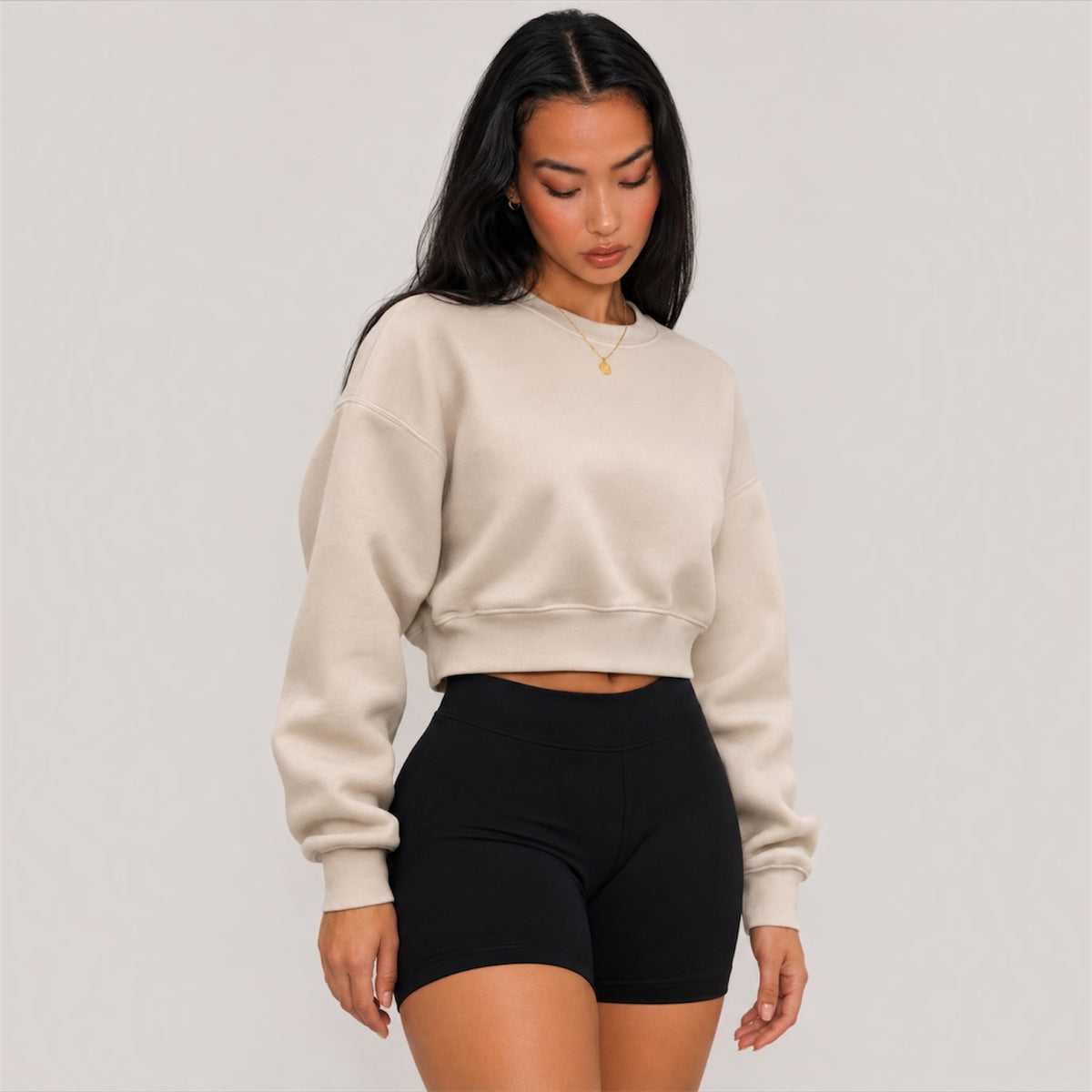 DonDeMarco ivory crop crew sweatshirt editorial view 2