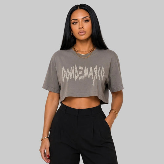 DonDeMarco Women's Masking Tape Faded Crop Top, grey front view