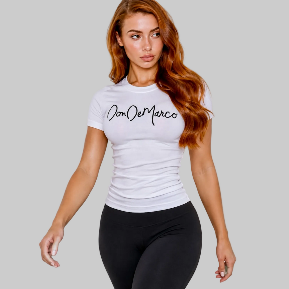 DonDeMarco Women's White Monogram Baby Tee, editorial product photo 3