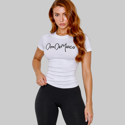 DonDeMarco Women's White Monogram Baby Tee, editorial product photo 4