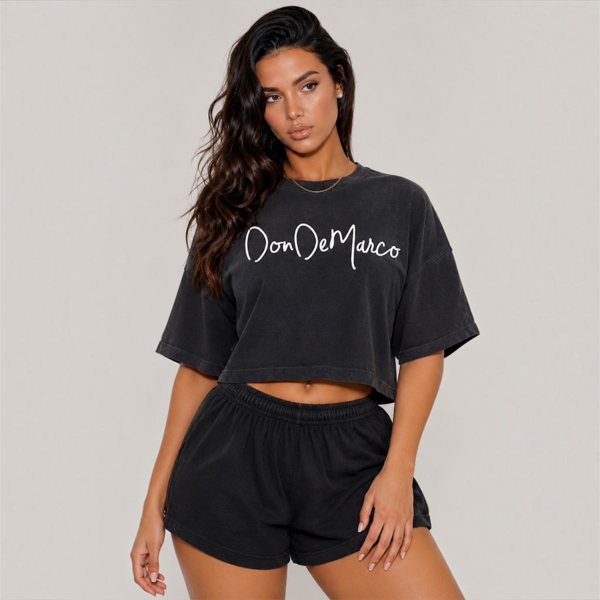 DonDeMarco women’s garment dye cropped tee and shorts set, washed black front model view