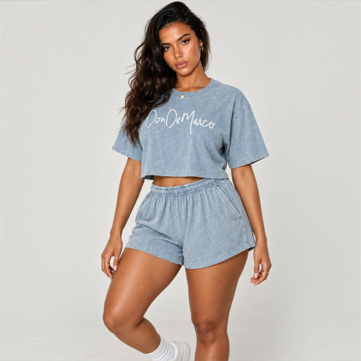 DonDeMarco women’s garment dye cropped tee and shorts set, washed denim front model view