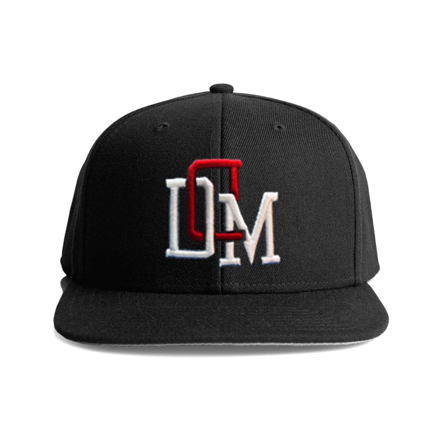 Black DonDeMarco Clothing varsity snapback hat with embroidered DDM logo on front panel