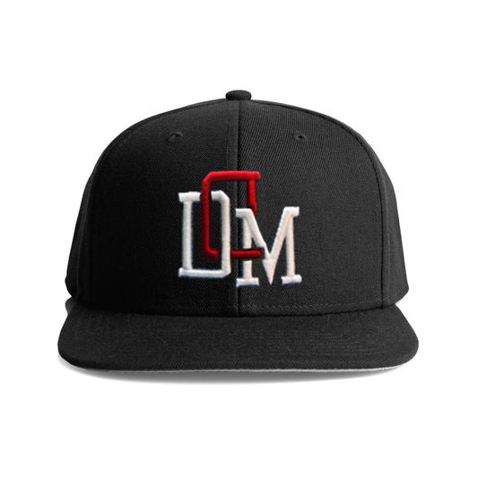 Black DonDeMarco Clothing varsity snapback hat with embroidered DDM logo on front panel