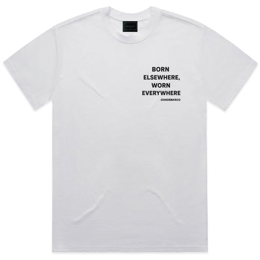 DonDeMarco Men's Born Elsewhere Worn Everywhere Oversized T-Shirt, white front product view
