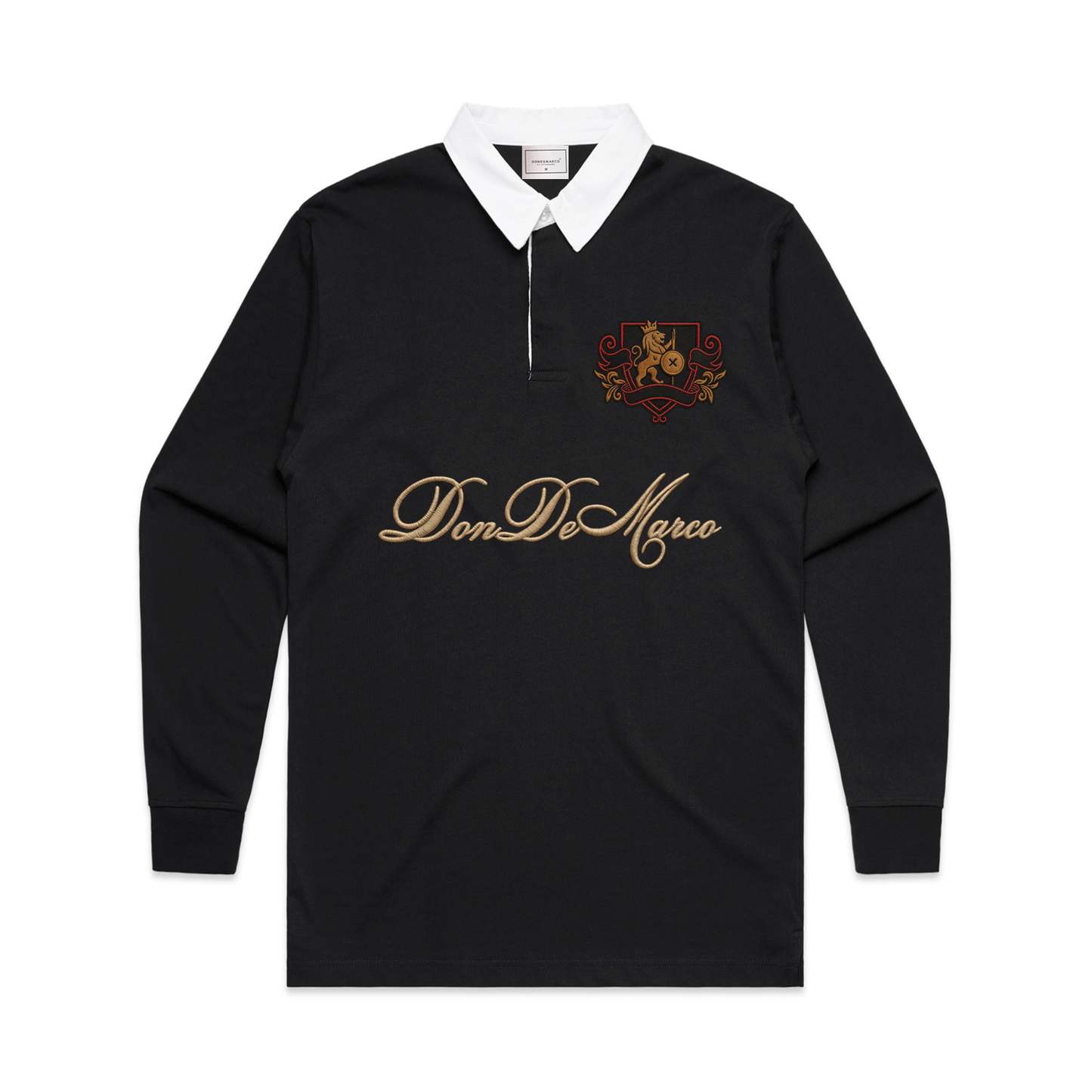 DonDeMarco Classic Black Rugby Shirt – Men’s Long Sleeve Polo with Crest Logo