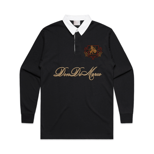 DonDeMarco Classic Black Rugby Shirt – Men’s Long Sleeve Polo with Crest Logo