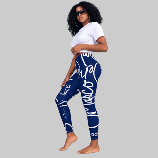 DonDeMarco Navy Signature Pattern Leggings with white script print, side view