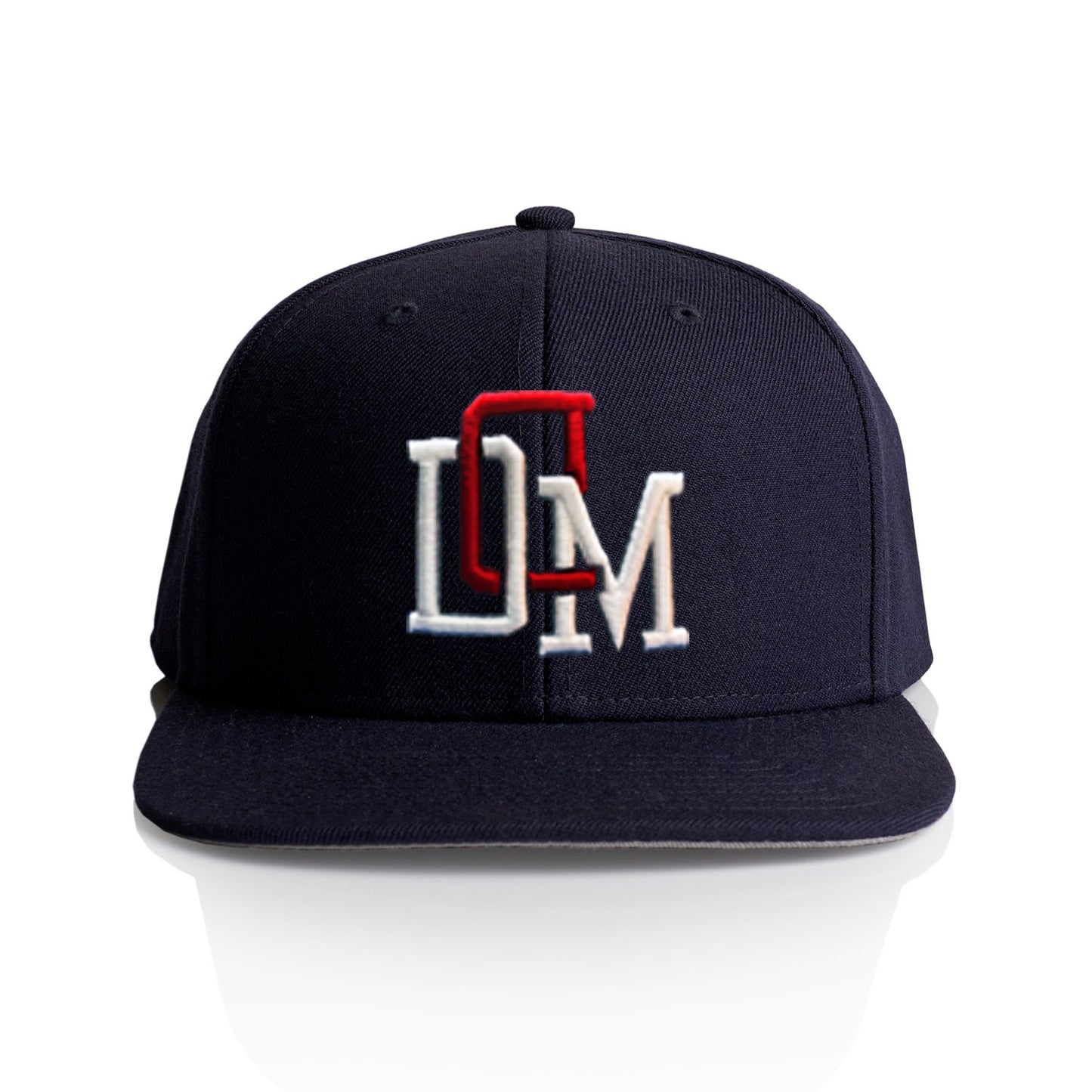 Navy DonDeMarco Clothing varsity snapback hat with embroidered DDM logo on front panel