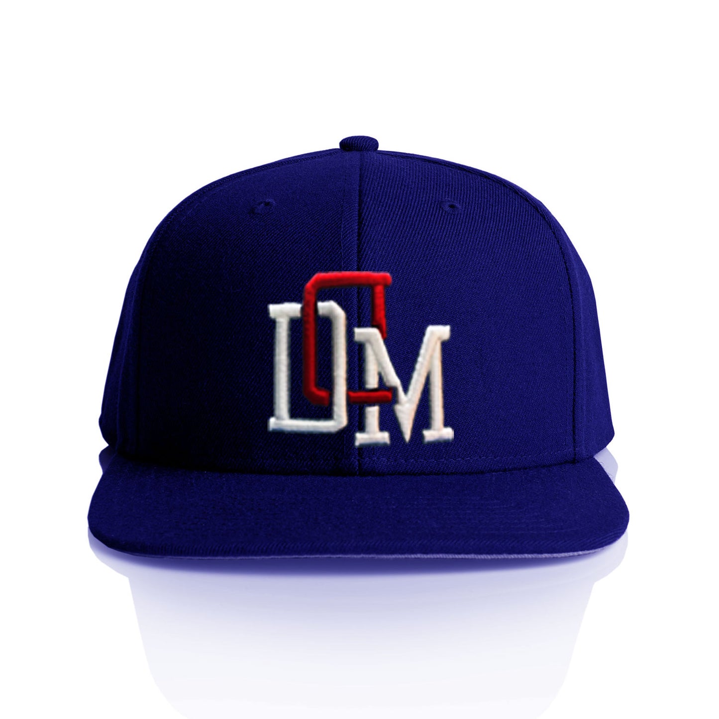 Royal Blue DonDeMarco Clothing varsity snapback hat with embroidered DDM logo on front panel
