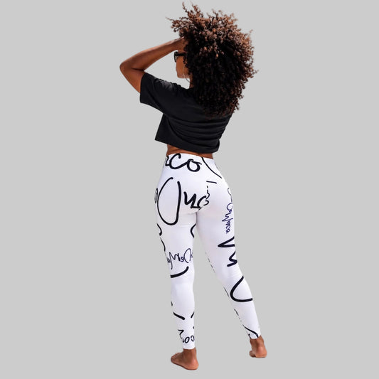 DonDeMarco White Signature Pattern Leggings with black script print, back view