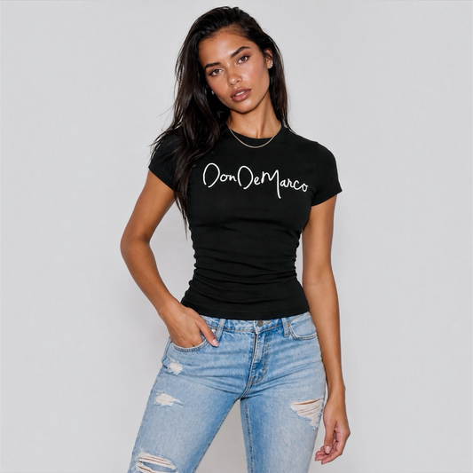 DonDeMarco Women's Black Monogram Baby Tee, product photo