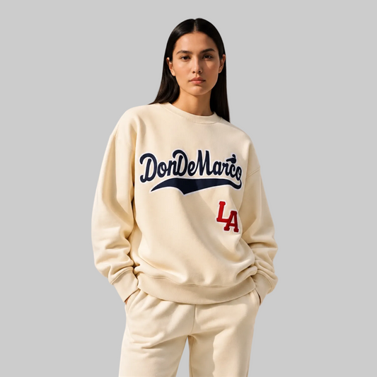 DonDeMarco Women's Baseball Script Sweatshirt, butter model view