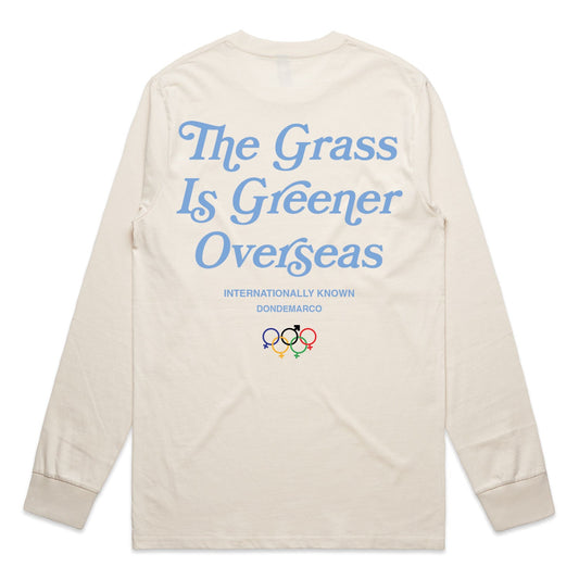 DonDeMarco “The Grass is Greener Overseas” Long Sleeve Tee in Cream – Minimalist Graphic Shirt with Relaxed Fit and Premium Cotton Fabric