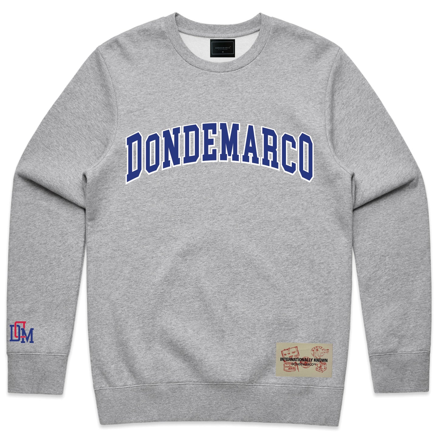 A gray DonDeMarco crew neck sweatshirt with the brand name written across the front in blue letters.